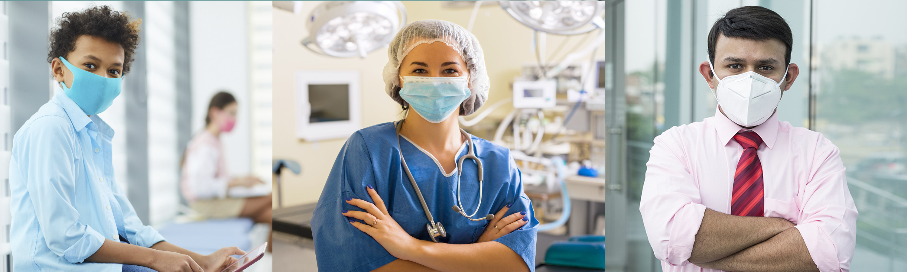 Three people wearing masks, child, healthcare worker, man