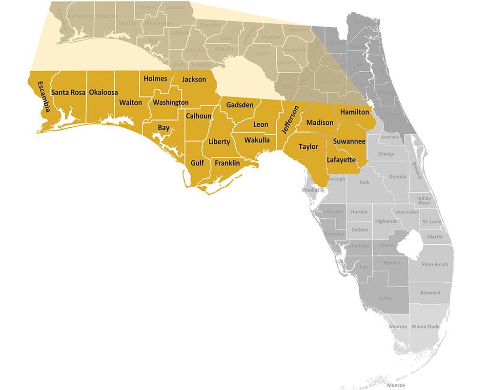 Map of the Division of Vocational Rehabilitation Offices in Bay, Calhoun, Escambia, Franklin, Gadsden, Gulf, Hamilton, Holmes, Jackson, Jefferson, Lafayette, Leon, Liberty, Madison, Okaloosa, Santa Rosa, Suwannee, Taylor, Wakulla, Walton, and Washington counties
