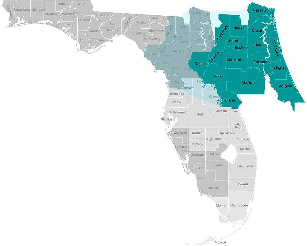 Map of the Division of Vocational Rehabilitation Offices in Alachua, Baker,  Bradford, Citrus, Clay, Columbia, Dixie, Duval, Flagler, Gilchrist, Levy, Marion, Nassau, Putnam, St. Johns, Union, and Volusia counties