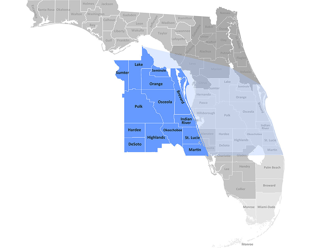 Map of the Division of Vocational Rehabilitation Offices in Brevard, DeSoto, Hardee, Highlands, Indian River, Lake, Martin, Okeechobee, Orange, Osceola, Polk, Seminole, St. Lucie, and Sumter counties