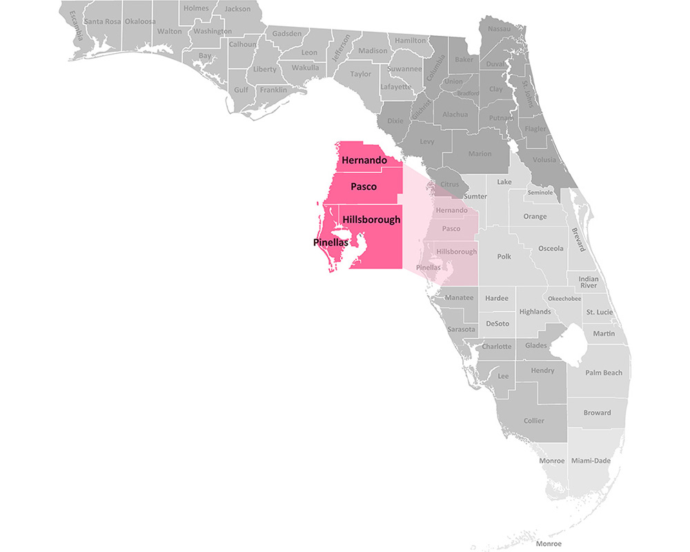 Map of the Division of Vocational Rehabilitation Offices in Hernando, Hillsborough, Pasco, and Pinellas counties