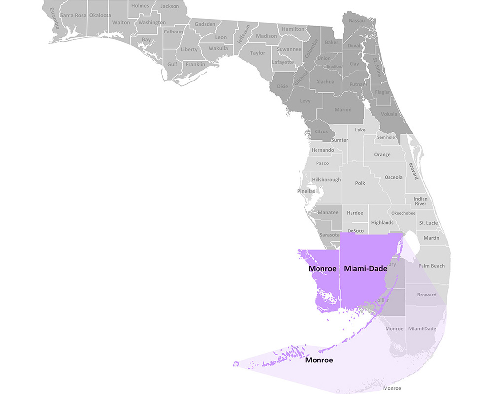Map of the Division of Vocational Rehabilitation Offices in Miami-Dade and Monroe counties