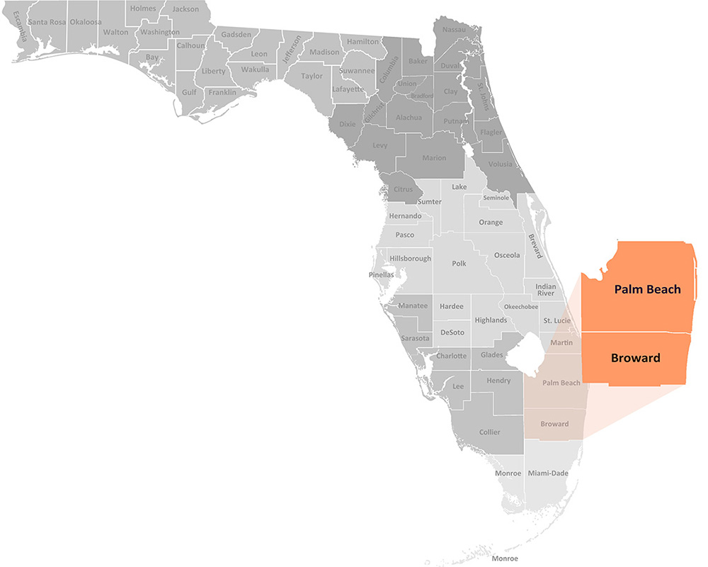Map of the Division of Vocational Rehabilitation Offices in Broward and Palm Beach counties