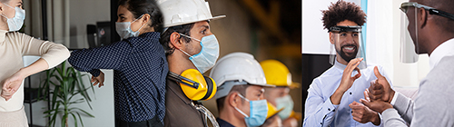 Image of people wearing masks at work.  Includes construction workers and office workers tapping their elbows or communicating using sign language.