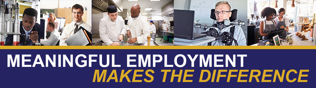 Image of scientist, man with learning disabilities working in an office, two cooks working in a kitchen, paraplegic man working on a laptop, two baristas working at point of sale system.  Meaningful Employment Makes the Difference