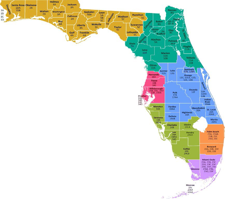 Map of Florida with seven VR Areas differentiated by different colors.